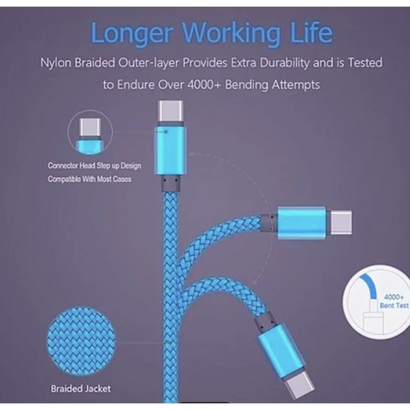 USB-C  6FT long  Fast Charging Data SYNC Charger Cable Cord silvery - Picture 5 of 9